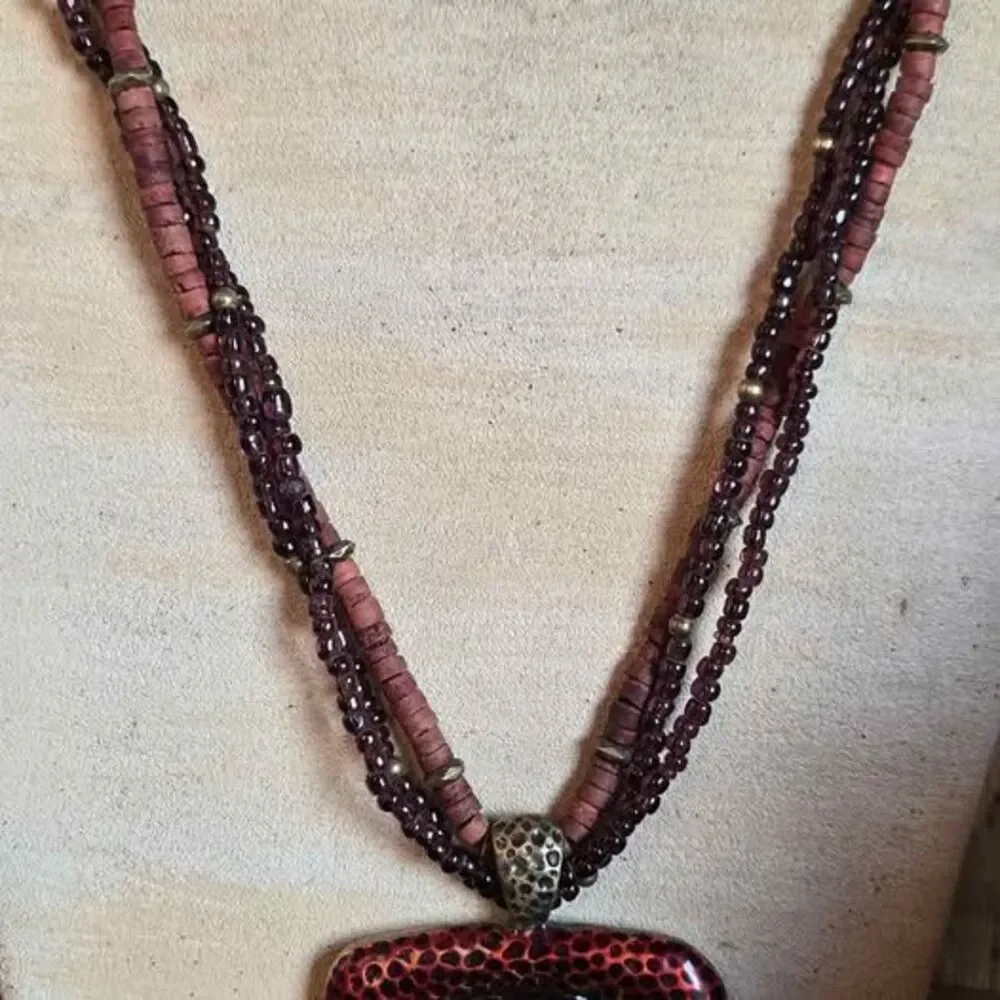 Boho Multi Strand Beaded Necklace Red Square Pendant Tribal Style Statement